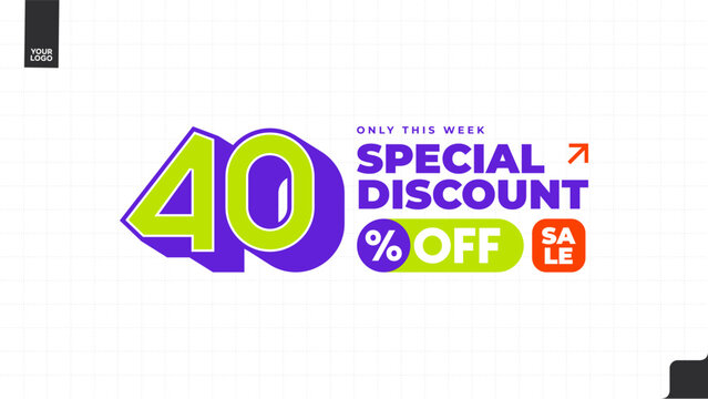 40% Off Special Discount Sale Banner with Bold Typography, Purple and Lime Green Promotional Template, Weekly Deal Limited Time Offer Vector