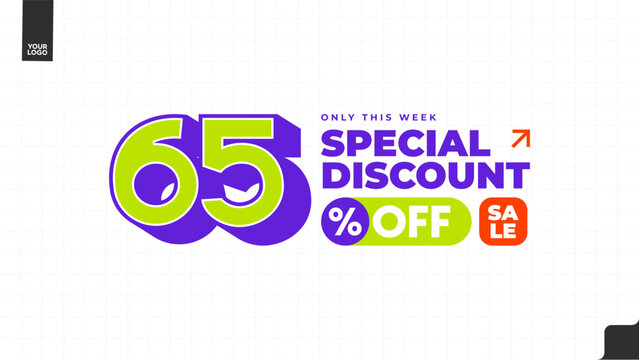 65% Off Special Discount Sale Banner with Bold Typography, Purple and Lime Green Promotional Template, Weekly Deal Limited Time Offer Vector
