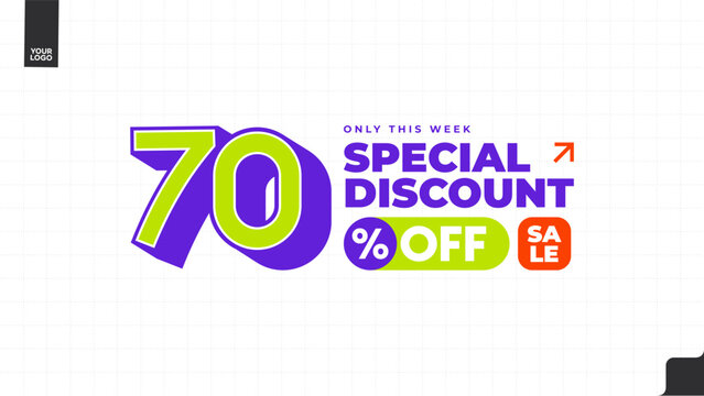 70% Off Special Discount Sale Banner with Bold Typography, Purple and Lime Green Promotional Template, Weekly Deal Limited Time Offer Vector