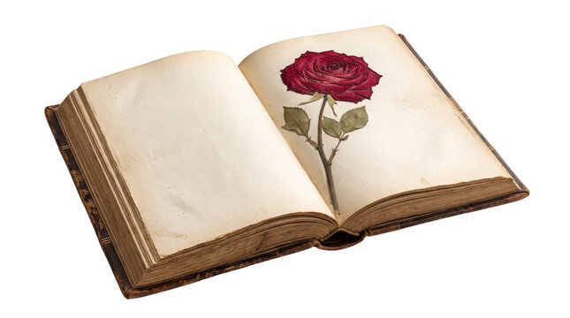 Vintage open book with red rose illustration, antique botanical diary on white background, aged paper journal with floral sketch