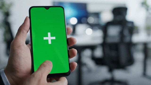 Hand holding smartphone with green screen plus for app interface mockup in modern office png. ai generated