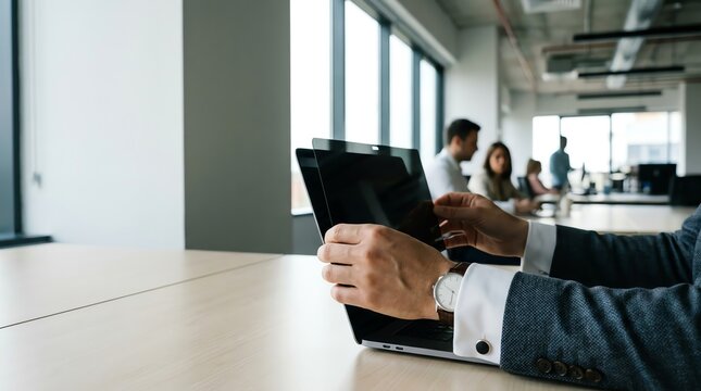 Businessman hands installing a screen protector or privacy filter on a laptop at an office workstation