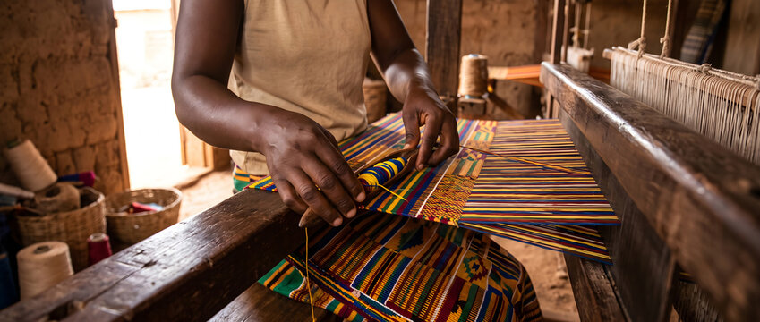Artisan hands weaving vibrant traditional African textile on a wooden loom, cultural heritage and craftsmanship concept