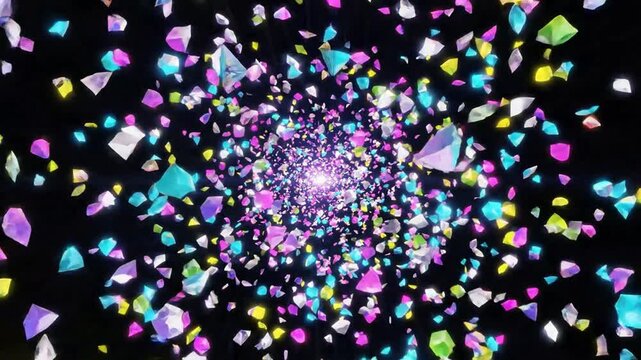 Abstract motion background, with floating colorful, geometric crystals and, glowing particles, dynamic, 3 d particle, explosion for digital, png. ai generated