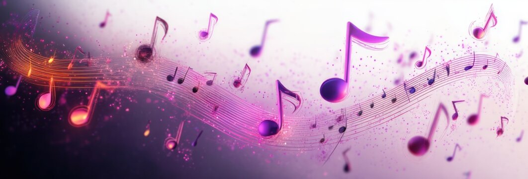 Vibrant flowing musical notes on a glowing staff with purple, pink and orange accents, sparkles and motion conveying a joyful energetic melody