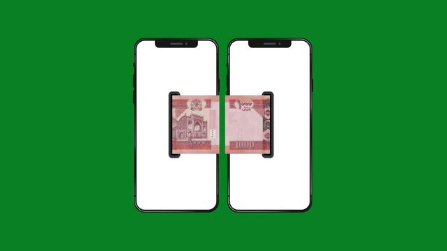 Two smartphones on a green screen show a 1000 Afghan afghani banknote transferring seamlessly between them, representing digital banking, online fintech payments, and mobile money transactions.