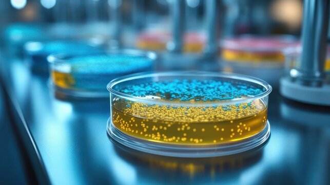 close-up of petri dishes with glowing blue and yellow cultures on a reflective laboratory surface, clinical and futuristic atmosphere