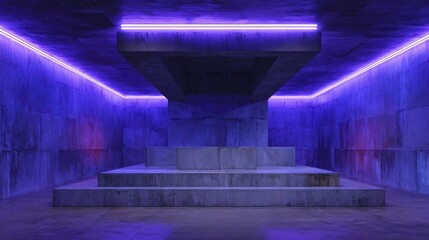 Stark concrete interior space illuminated with vibrant violet linear lighting