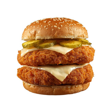 Double crispy fried chicken burger with melted cheese and pickles on sesame seed bun isolated on black background isolated on a transparent background