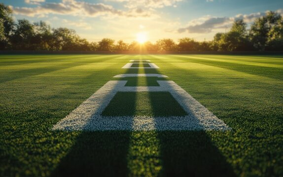 Sunlit grassy sports field with white rectangular markings leading to glowing sunrise, tree line and soft clouds, serene and hopeful early morning atmosphere