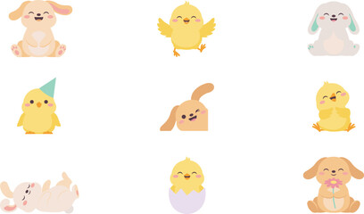 Obraz premium Cute Easter Bunny and Chick Character Vector Set with Happy Baby Animals Laughing, Wearing Party Hat, and Cheerful Spring Holiday Greeting Designs
