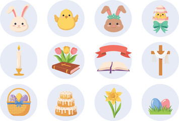 Fototapeta premium Easter Holiday Round Icon Set with Religious and Traditional Symbols Including Cross Bible Candle Cake Bunnies and Eggs for App Highlights and Social Media Stickers