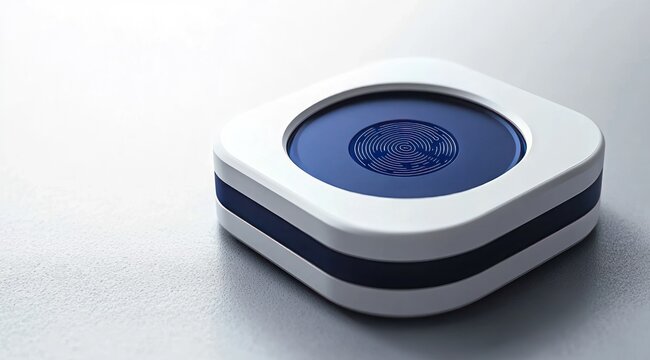 compact white and blue rounded-square smart sensor with stacked layers and concentric circular pad, minimalist sleek modern device evoking precision and calm