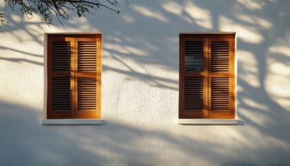 Obraz premium two closed wooden shutter windows on a white stucco wall bathed in warm sunlight with tree shadows, evoking a calm and peaceful atmosphere