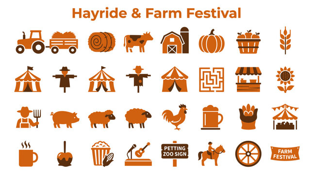 Farm festival icons set hayride tractor pumpkin barn cow scarecrow sheep rooster horse food stalls autumn harvest celebration