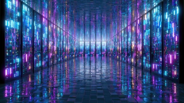 Abstract digital data center with vertical blue light streaks.
