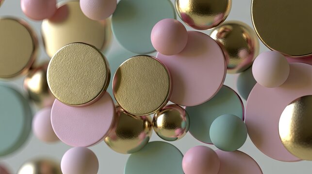 Abstract floating pastel pink and gold geometric spheres.