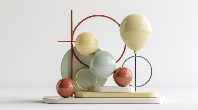 Abstract geometric shapes and spheres on white base
