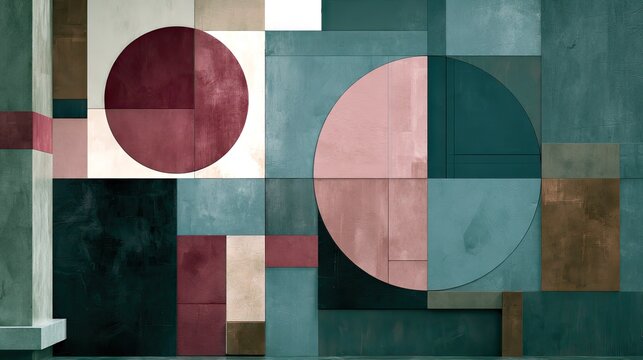 Abstract geometric wall mural with circles and squares.