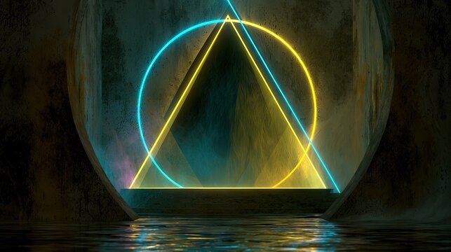 Abstract neon portal in dark misty tunnel.