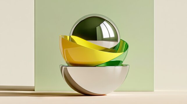Abstract nested 3D metallic and yellow bowl sculpture.
