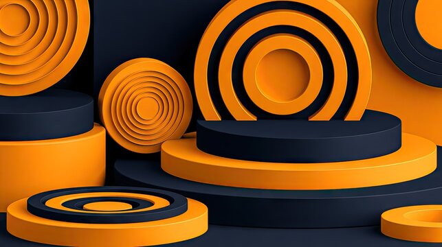 Abstract orange and black concentric 3D rings and cylinders.