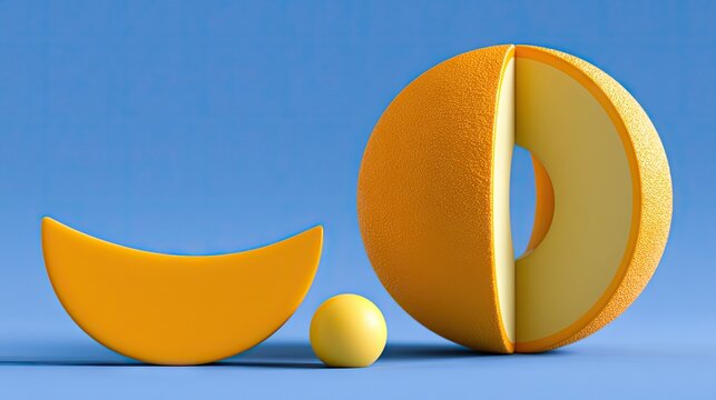 Abstract orange fruit segments and spheres on blue.