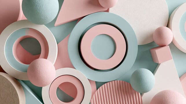 Abstract pastel 3D geometric shapes and spheres pattern.