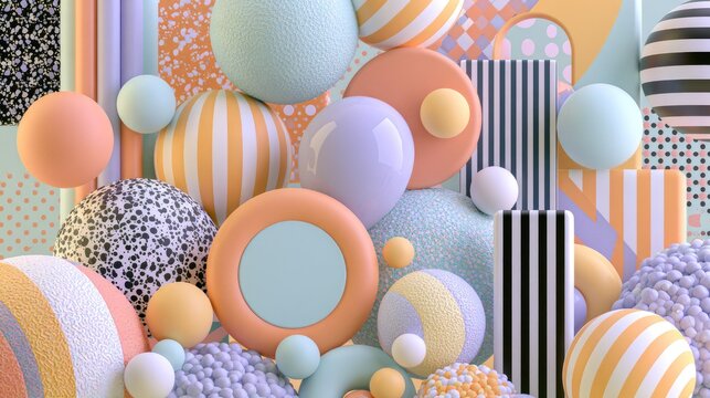 Abstract patterned 3D spheres and geometric shapes.