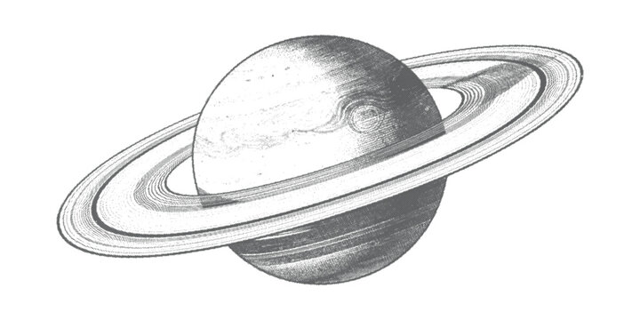 Vintage planet saturn with rings, an antique engraving, celestial body gas giant.