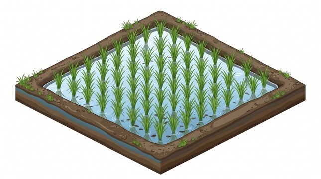 Isometric illustration of a flooded rice paddy with neat rows of young green rice plants growing in shallow water, surrounded by earthen dikes with grass.