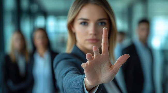 businesswoman reaching toward camera with outstretched hand, blurred colleagues and anonymized faces in modern office, assertive and engaging mood