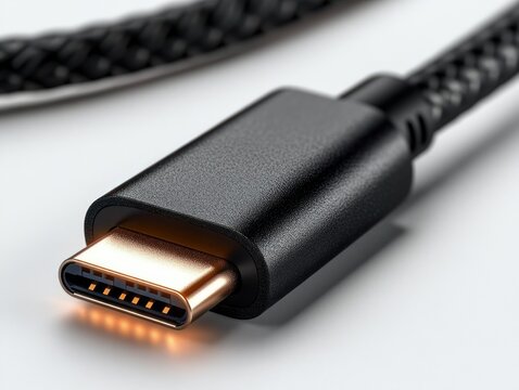 Close-up of braided black charging cable with gold-plated usb-c connector emitting a warm orange glow, sleek modern tech conveying precision and reliability