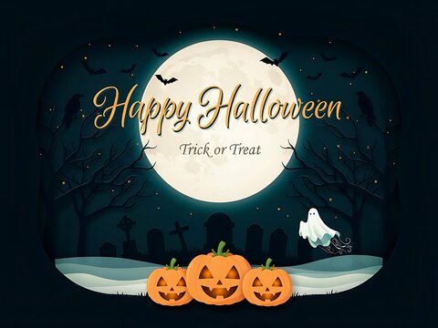Halloween celebration with jack o lanterns ghost and bats flying around full moon  spooky night scene with pumpkins and tombstones in background