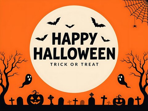 Halloween celebration graphic with Happy Halloween text and trick or treat phrase on orange background with moon bats ghosts trees pumpkins and tombstones