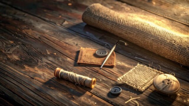 Rustic Sewing Kit on Wooden Table: A collection of vintage sewing tools, including a spool of thread, buttons, needle, and burlap fabric, are artfully arranged on a weathered wooden surface.