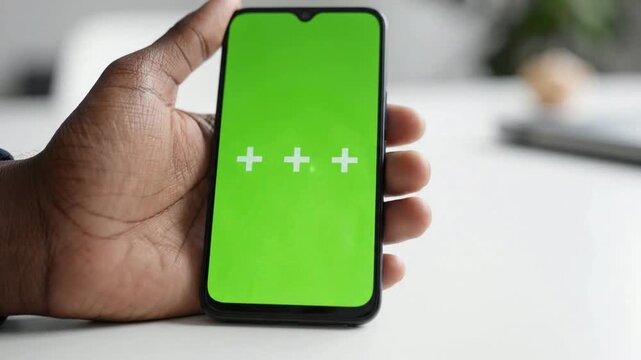 Hand holding smartphone with green screen chroma key display for app ui mockup and digital marketing creation png. ai generated