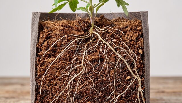 Macro texture of coco peat grow bag with healthy white plant roots