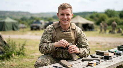 Fototapeta premium Smiling male soldier in camouflage uniform loading ammunition magazine. Military man preparing gear at wooden table in outdoor camp