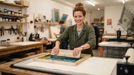 Naklejka premium Smiling young woman using a squeegee for silkscreen printing in a workshop. Female artist working on a screen print in a creative studio
