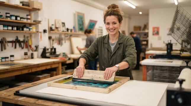 Smiling young woman using a squeegee for silkscreen printing in a workshop. Female artist working on a screen print in a creative studio