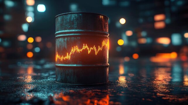 rusty oil barrel with glowing orange stock chart wrapped around it on a wet neon city street, moody tense futuristic scene