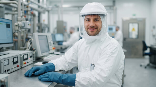 Smiling male technician in protective radiation suit at laboratory desk. Professional man wearing white coverall face shield and blue gloves in modern cleanroom facility. Science and technology