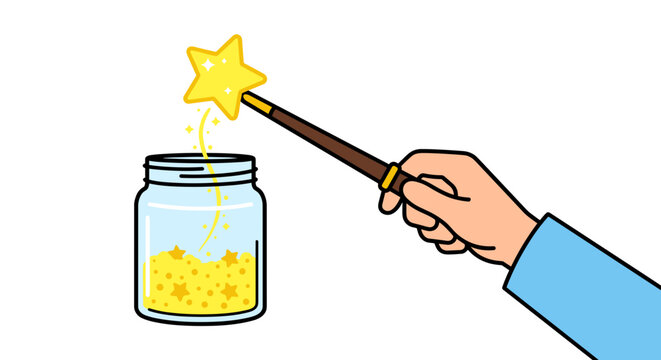 Magic wand with star tip filling a glass jar with sparkling dust