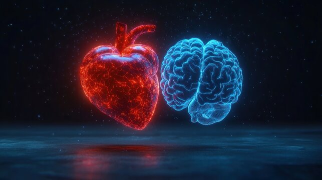 Glowing red heart-shaped fruit with stem and molten veins floating beside a luminous blue brain above a reflective surface in a dark starry void, evoking tension between passion and reason