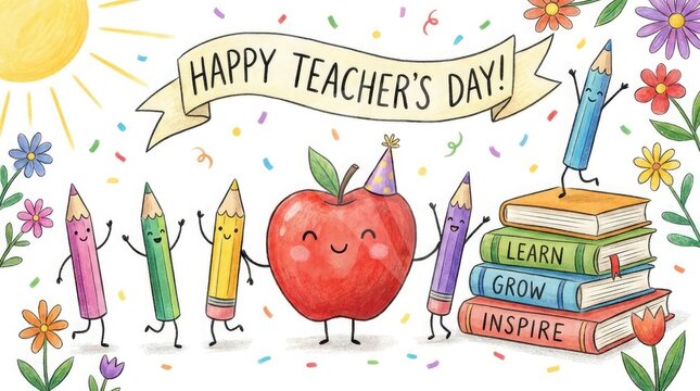 Happy Teacher's Day colorful illustration with pencils and apple