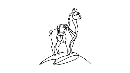 Continuous line drawing of a llama with a saddlebag on a hill, minimalist art © Iwak