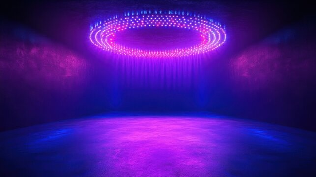 futuristic circular ring of purple and blue led lights casting glowing beams onto an empty reflective floor in a dark textured room, evoking a mysterious ethereal atmosphere