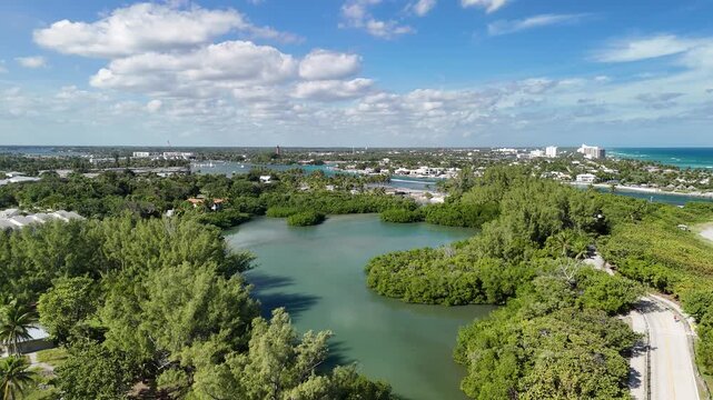 Aerial view overlooking the popular Dubois Park at Jupiter Inlet in Palm Beach County, Florida