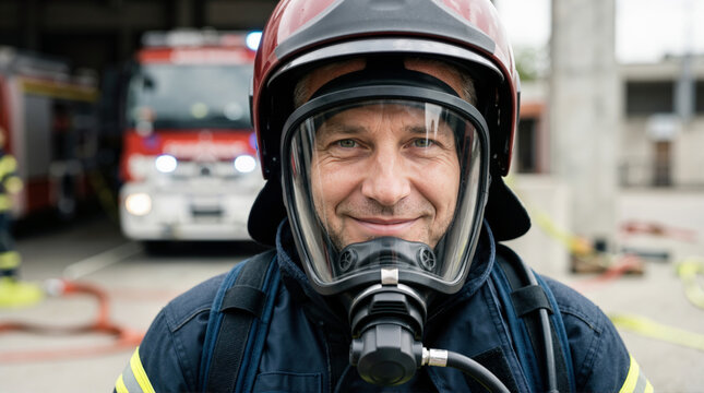 Portrait of a smiling male firefighter wearing a breathing apparatus mask and helmet. Close up of a fireman in protective gear with a fire truck in the background